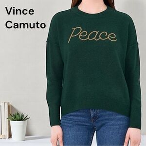 Vince Camuto “Peace” Holiday Sweater Dark Green Metallic Bead Script Pullover